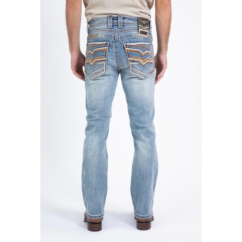 Platini Holt Men's Light Blue Brown Slim Boot Cut Jeans