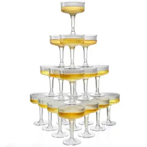 4-Tier Champagne Glasses - 10 PCS 7oz Clear Plastic Champagne Flutes, Plastic Coupe Glasses with Vertical Stripes for Weddings, Celebrations, Parties & Birthdays