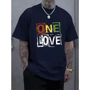 Men's Short Sleeve T-Shirt, Love Letter Print, Comfortable Casual, Elastic Neckline, Suitable for Men's Outdoor Activities