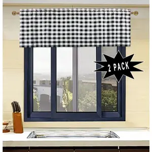 Buffalo Black and White Check Kitchen Window Valance 2 Pack Half Short Gingham Plaid Farmhouse Textured Curtain 18x52 Inch Rod Pocket