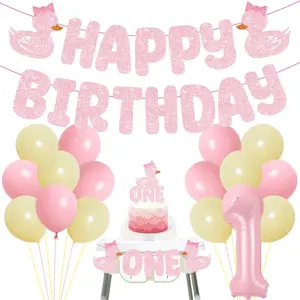 1Set Pink Duck Birthday Party Decorations Pink Ducky Party Decor Cute Duck High Chair Banner Glitter Happy Birthday Banner Cake Topper Latex Balloons for Girls 1anniversary 2anniversary 3anniversary Birthday Party Decor Supplies