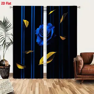2D Flat Dramatic Black Background Vertical Blue Line Curtain 2-Piece Set with Vivid Blue Rose Yellow Black Striped Leaves Decorative Window Drapes Home Decoration Curtain for Living Room Bedroom