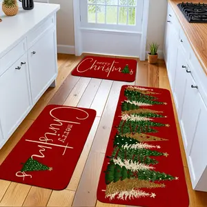 JIT 2/3pcs Christmas Red Tree Decorative Carpet Gift Kitchen Carpet Set, Farmhouse Kitchen Rug, Flannel bedside set floor mat anti-slip washable soft carpet, suitable for kitchen, laundry room, corridor