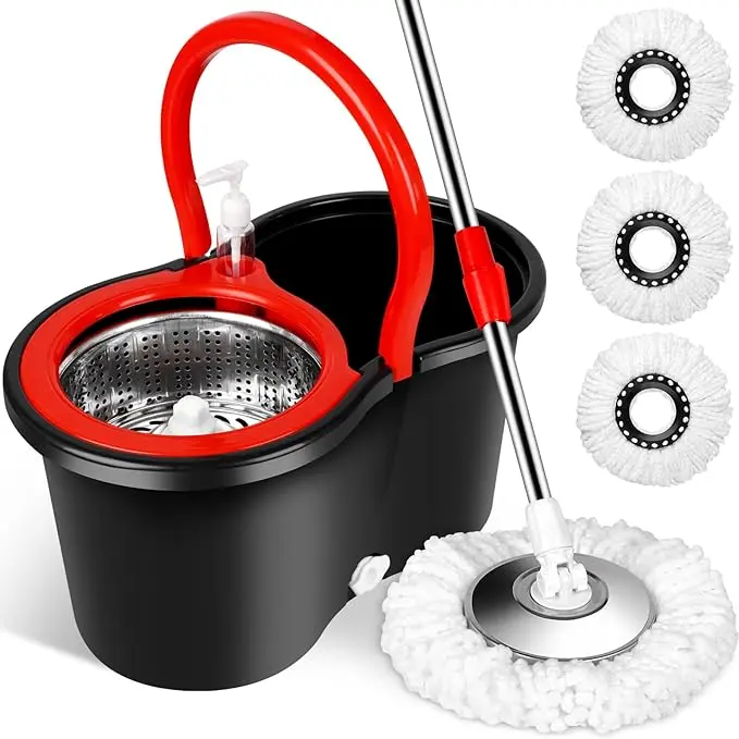 Spin Mop & Bucket Set with 3 Microfiber Refills 61" Handle for Deep Cleaning Floors Stainless Steel Bucket Black Red