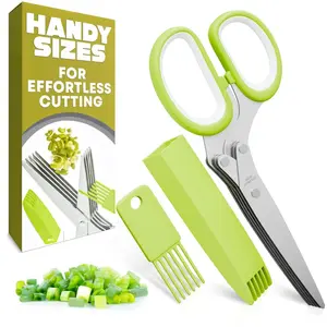 Herb Scissors with 5 Blades and Cover – Stainless Steel Herb Cutter for Fast & Precise Cutting, Compact, Easy-to-Store Design – Ergonomic Handle & Cleaning Brush for Quick and Comfortable Kitchen Prep
