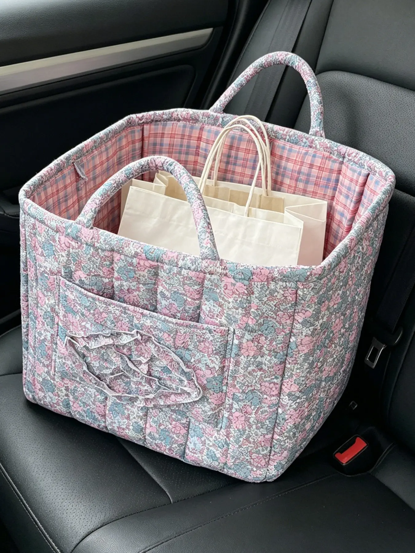 Pink & Floral Quilted Tote Bag with Ruffle, Carryall Tote Bag, Large Capacity Car Storage Basket, Korean Style Handbag for Travel & Grocery, Quilted Purse Bags, Carry On Tote, Shopper Tote Bag