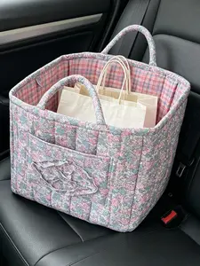 Pink &  Floral Quilted Tote Bag with Ruffle, Large Capacity Car Storage Basket, Korean Style Handbag for Travel & Grocery, Quilted Purse Bags