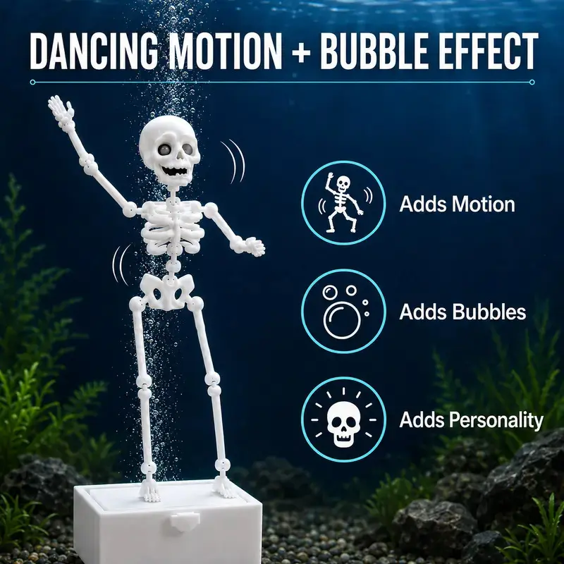 2PCS 3D-Printed Aquarium Dancing Skeleton Ornament with Suction Cup Base and Air Tube, Bubble-Activated Fish Tank Decoration, Halloween Aquarium Decoration