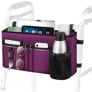 SUNDAY MIRTH Large Walker Tote Bag with Cup Holder, Folding Walker Attachment Hands-Free Storage Basket Mobility Aid Accessory Pouch for Elderly, Senior, Purple