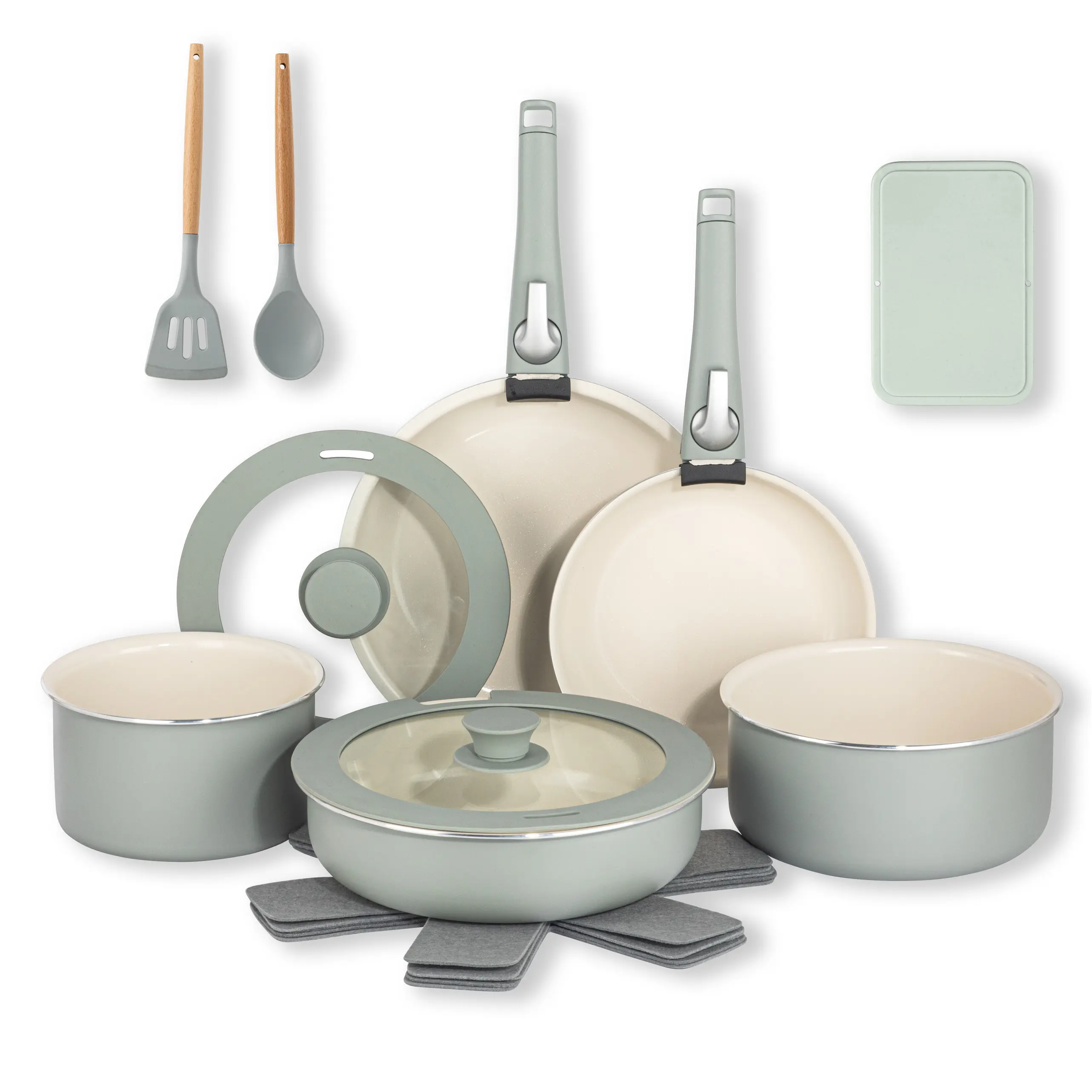 18-Piece Detachable Handle Cookware Set – Stackable Ceramic Nonstick Pots, Pans, Utensils
