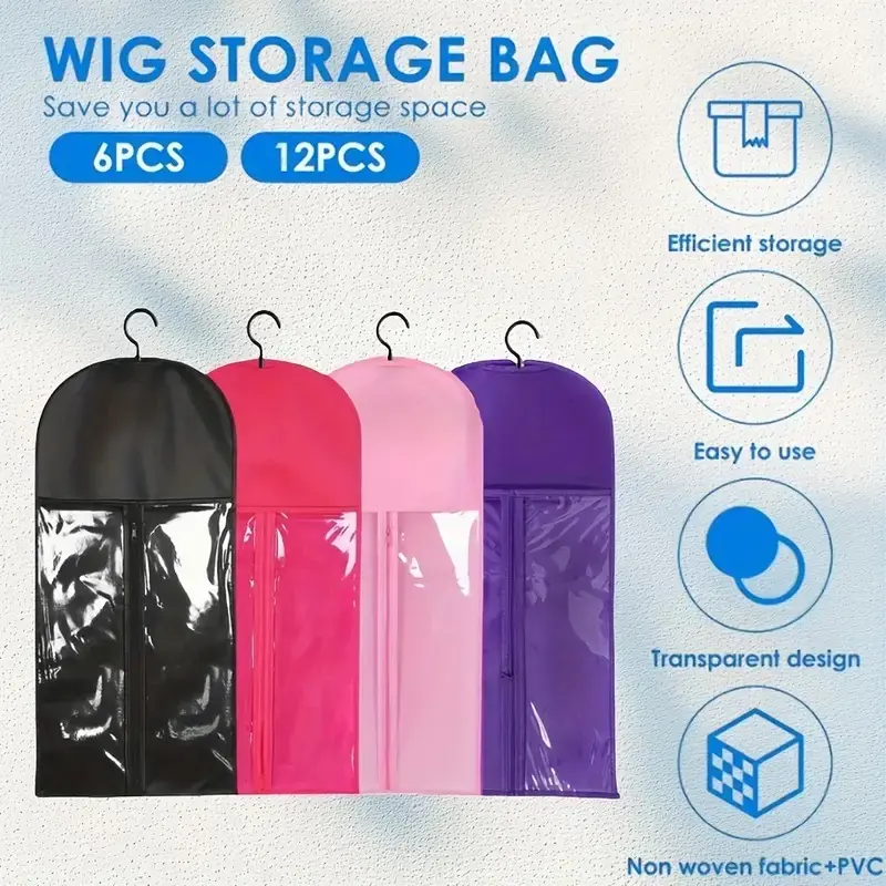 6 Pack Unisex Adult Wig Storage Bags with Hangers - Durable Clear Plastic Hair Extension Organizer for Multiple Wigs, Extensions & Accessories, Dust-Proof Protective Storage