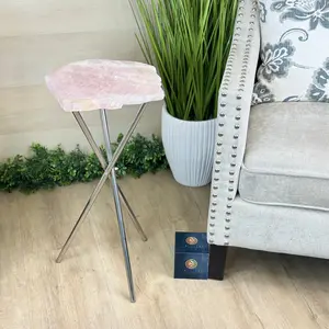 Natural Rose Quartz Side Table on Chrome Metal Base, 24.8" Tall #1341RQ-005