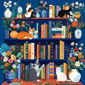 Cat Bookshelf Library DIY Modern Diamond Painting Kit 5D Diamond Dots Gem Art Crafts with Tools Round Full Drill Funny Crafts for Home Wall Decor Gift