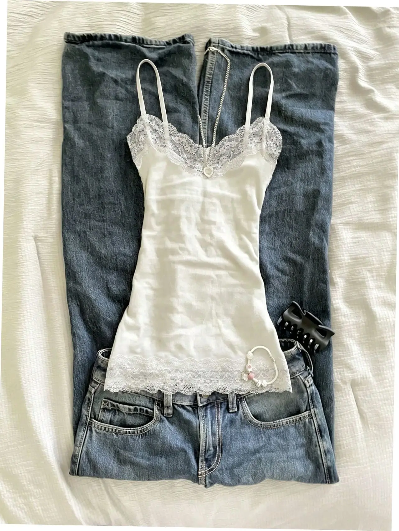 AESS Lace Crop Top Slim Fit Summer Vacation Beach Outfit