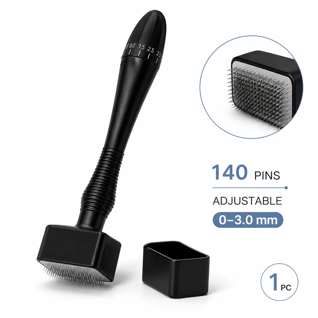 Derma Stamp for Face & Scalp Care, Adjustable 140-Pin Reusable Microneedling Tool with 0-3.0mm Precision Dial, Protective Cover, Anti-Slip Handle, At-Home Skincare Tool