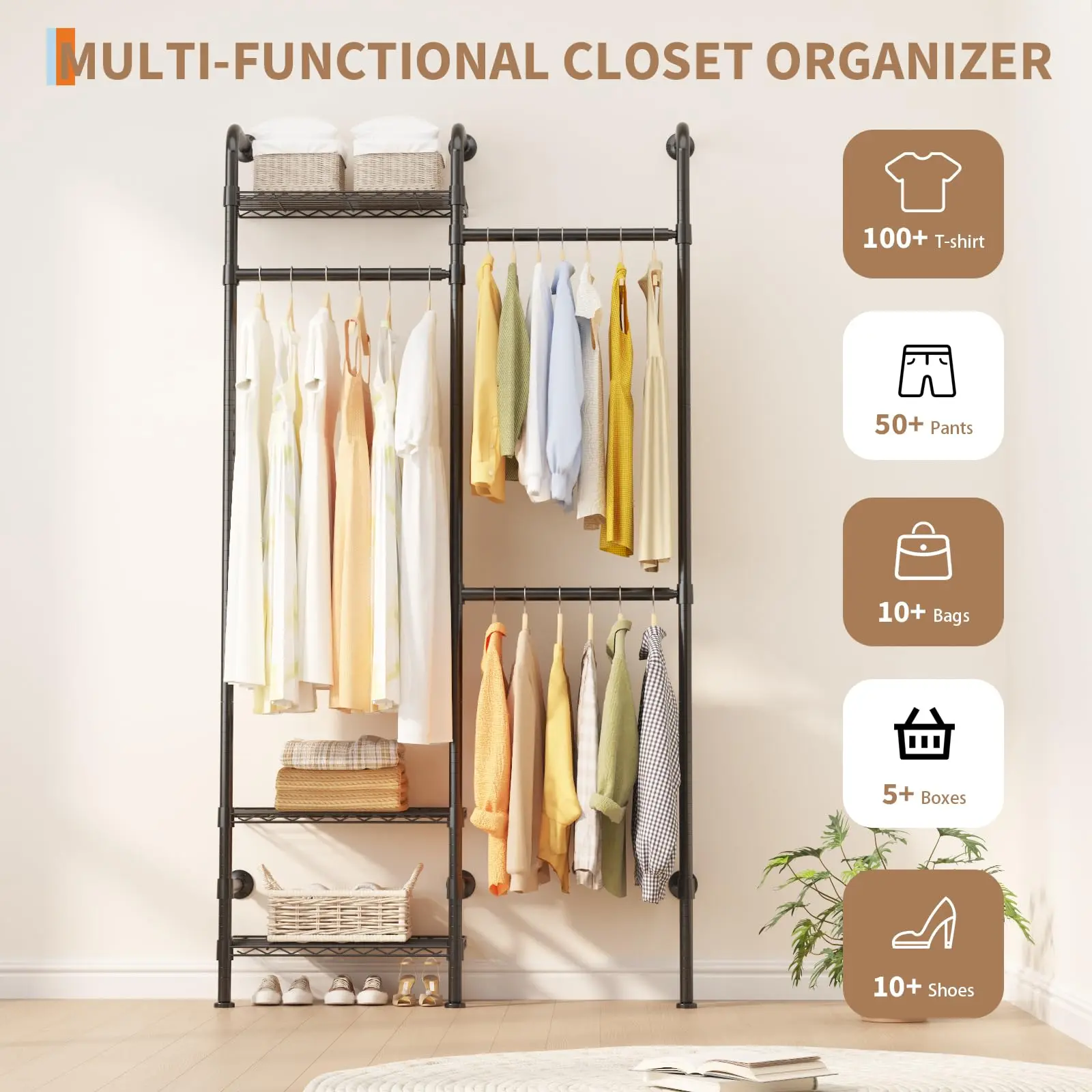 【DealsForYouDays】GARVEE Space-Saving Wall Mounted Closet Organizer System – Carbon Steel Expandable Clothes Rack with Adjustable Rods (23.62-35.43 in) & 3 Wire Shelves – Matte Black – Ideal for Closet Storage and Organization