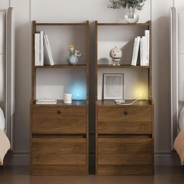 [Bellewave]Nightstands Set of 2, with Charging Station, Smart Nightstand with Night Light, Modern Night Stand with Bookshelf, Bedside Tables with Storage Cabinet for Bedroom
