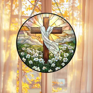 Christian Flower Acrylic Suncatcher Cross & Daisy Flowers Window Hanging for Easter Religious Home Decor Bible Verse Gift Baptism Confirmation Christmas Housewarming Colorful Ornaments