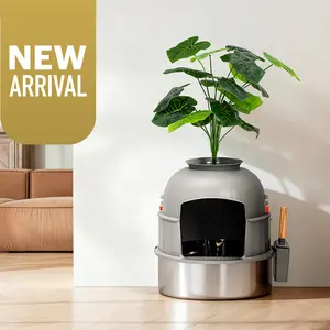Hidden Plant Cat Litter Box Stainless Steel, Large Round Decorative Litter Enclosure, Aesthetic Indoor Cat Pot Planter, Odor-Free Metal Litter Tray, Modern Cat Washroom for All Cat Sizes, Discreet Catbox Furniture