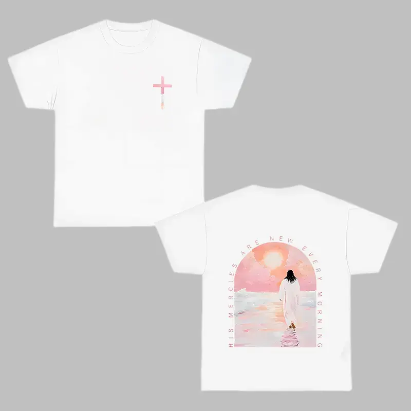 Women's High-Cotton Round Neck Short Sleeve Sports Top - Casual Chic Minimalist, Double-Sided Print with Sunrise Cross & Beach Scene, Religious Fit for Summer Casual Wear, Shortsleeve, Casual Top