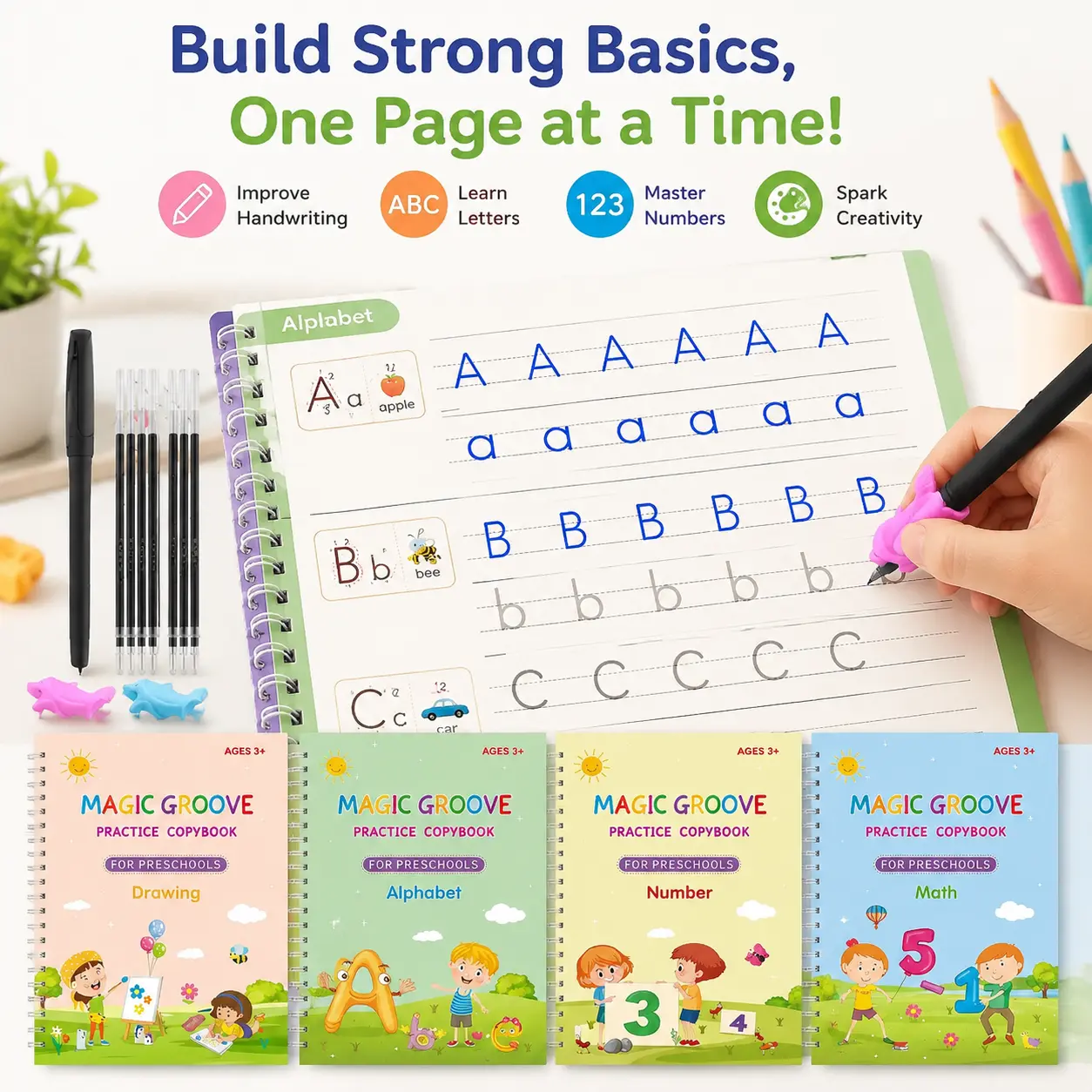 4 Pack Magic Reusable Tracing Workbook Set for Preschool Kids - Learn Letters, Numbers, Math & Drawing, Grooved Handwriting Practice Books for Early Education