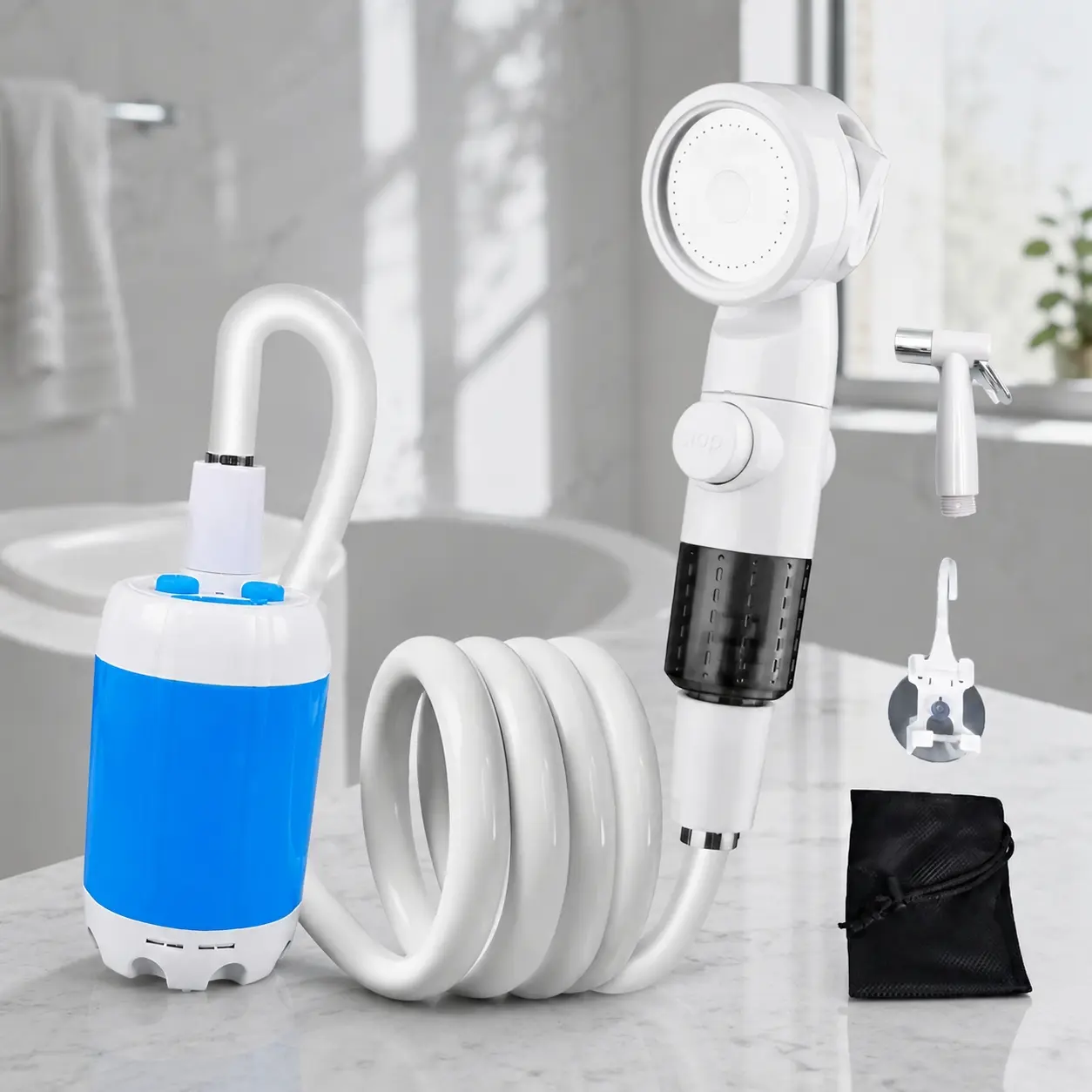 Portable Camping Shower Pump USB Rechargeable, Handheld Outdoor Showerhead with Water Flow Adjustable, Waterproof Camp Shower for Camping Hiking Traveling, Outdoor Electric Shower Washer for Car Wash Pet Bathing