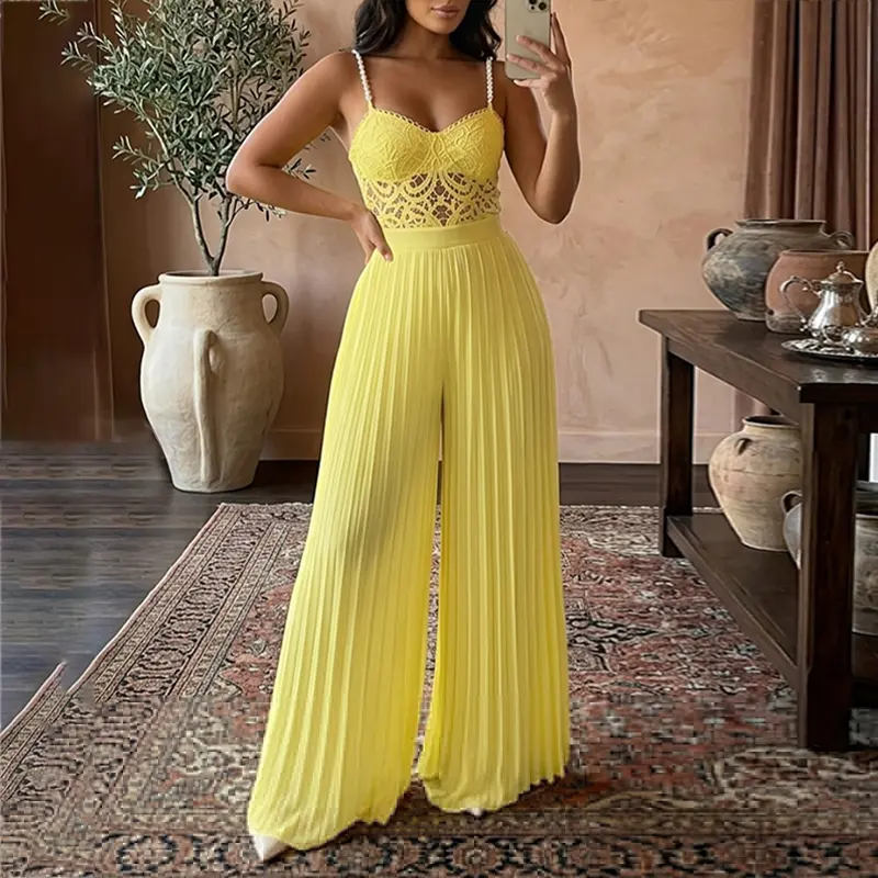 CHICME Women's 2 Pieces Outfit Lace Cami Top with Stretchy Pearl Straps and High Waist Pleated Wide Leg Chiffon Pants
