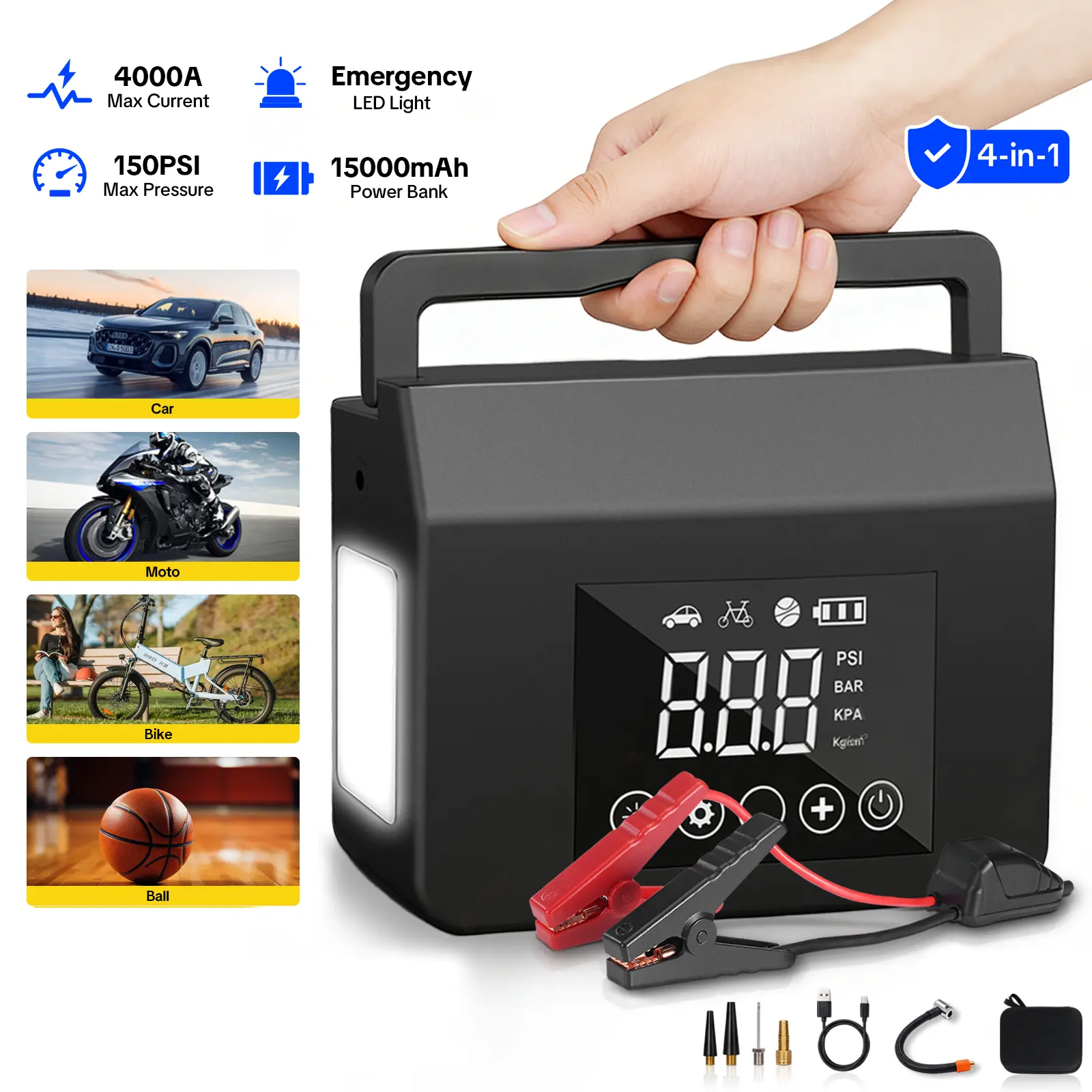 【Hieha】Portable Car Jump Starter with Air Compressor, 3500A Car Battery Jump Starter (All Gas/6.0L Diesel) with 150PSI Tire Inflator, 12V Car Battery Jump Power, 15000mAh Power Bank with LED Light Car Tool Kit Car Jack Kit
