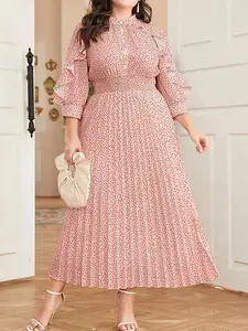 Women's Plus Size Fashion Elegant Polka Dot Casual Wear Shirred Dress, Midi Woven Fabric, Three Quarter Sleeves, Loose Fit, All Seasons