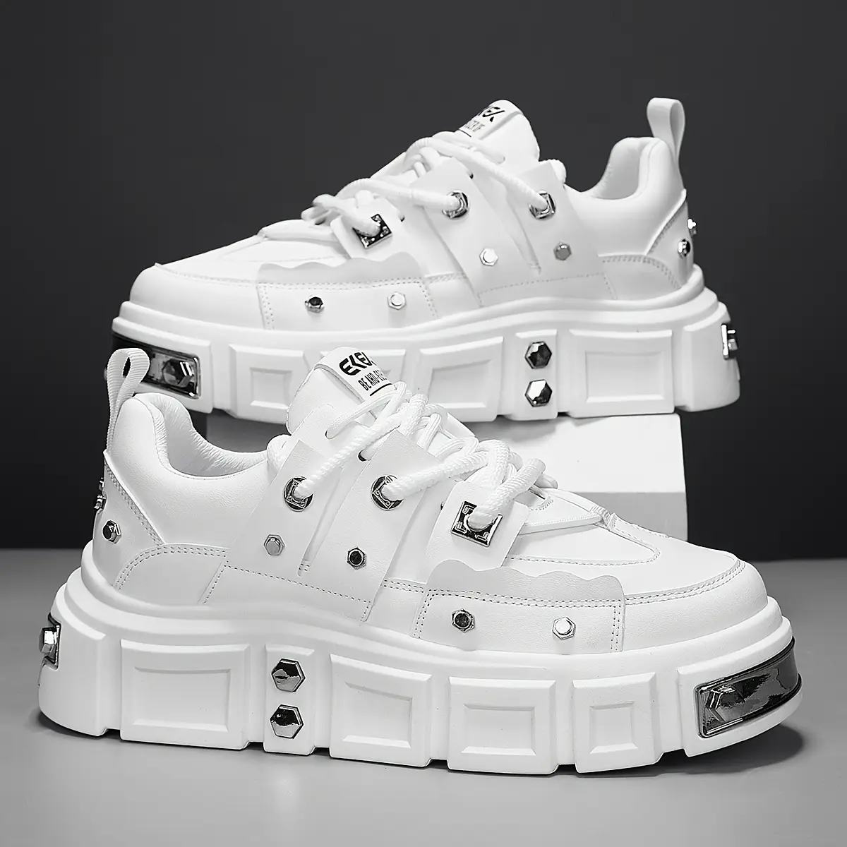 Unisex Chunky Platform Sneakers - Punk Streetwear Casual Trainers with Metal Stud Accents for Party & Everyday Wear, Pu Leather, Fashion
