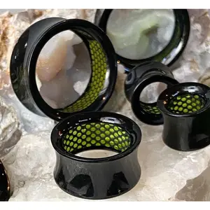 PAIR Inner Green Dotted Pattern Black Acrylic Saddle Tunnels Plugs Gauges