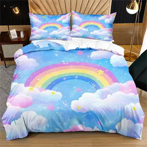 Rainbow print pattern bed sheet set, soft microfiber bedding, double/full-size/queen size/plus size, anti shrink and anti fade, easy to maintain all season decoration