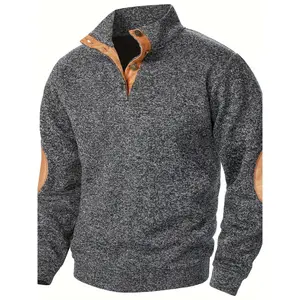 Men's Color Blocking Patched Stand Collar Sweater For Autumn And Winter, Casual Trendy Top As Gift Knitwear Menswear Long Sleeve