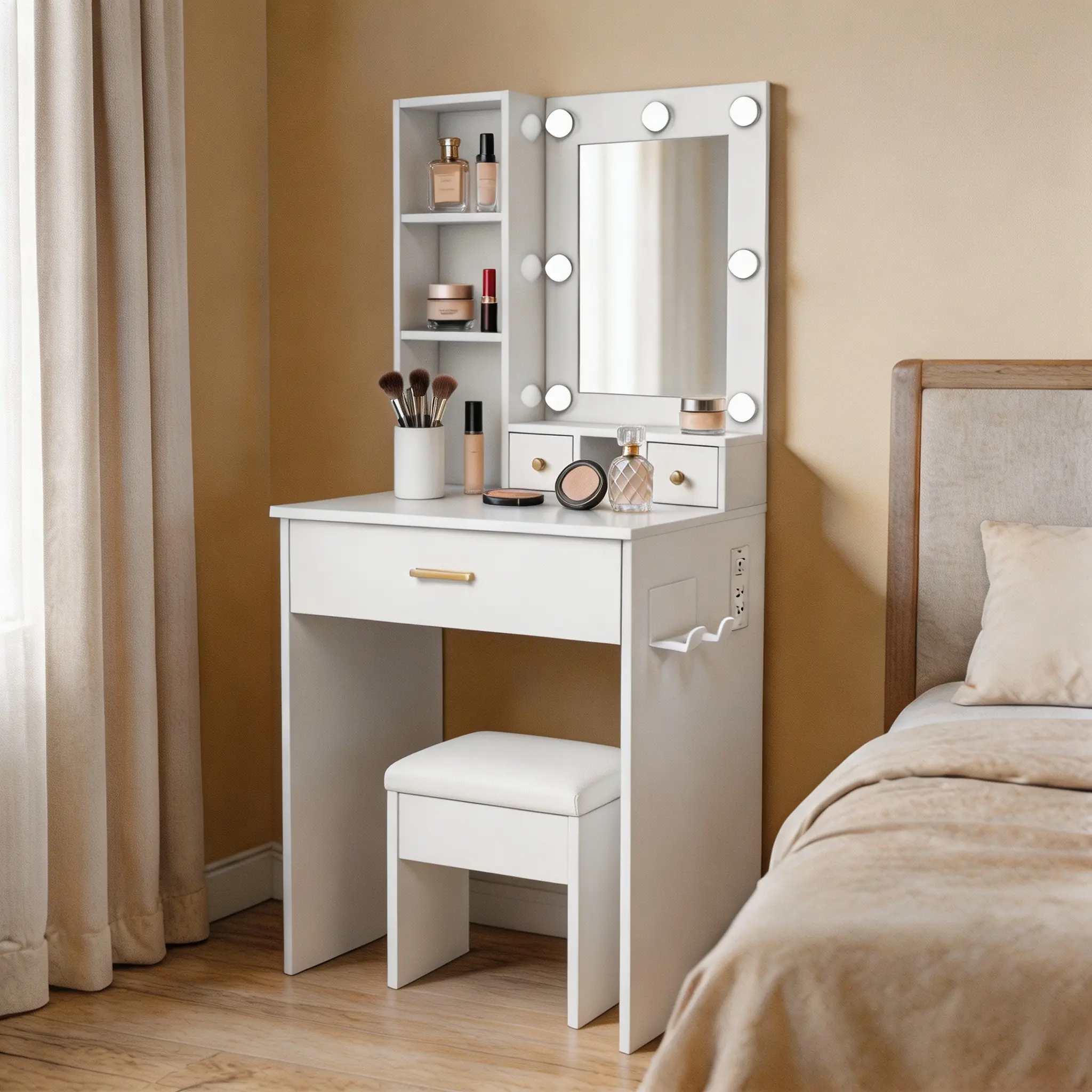 Vanity Table with Mirror, Adjustable LED Lights, Power Outlet, Hairdryer Holder & Cushioned Stool – Compact Dresser Desk for Small Size Bedrooms, Easy Setup Indoor Furniture, Mdf Wood