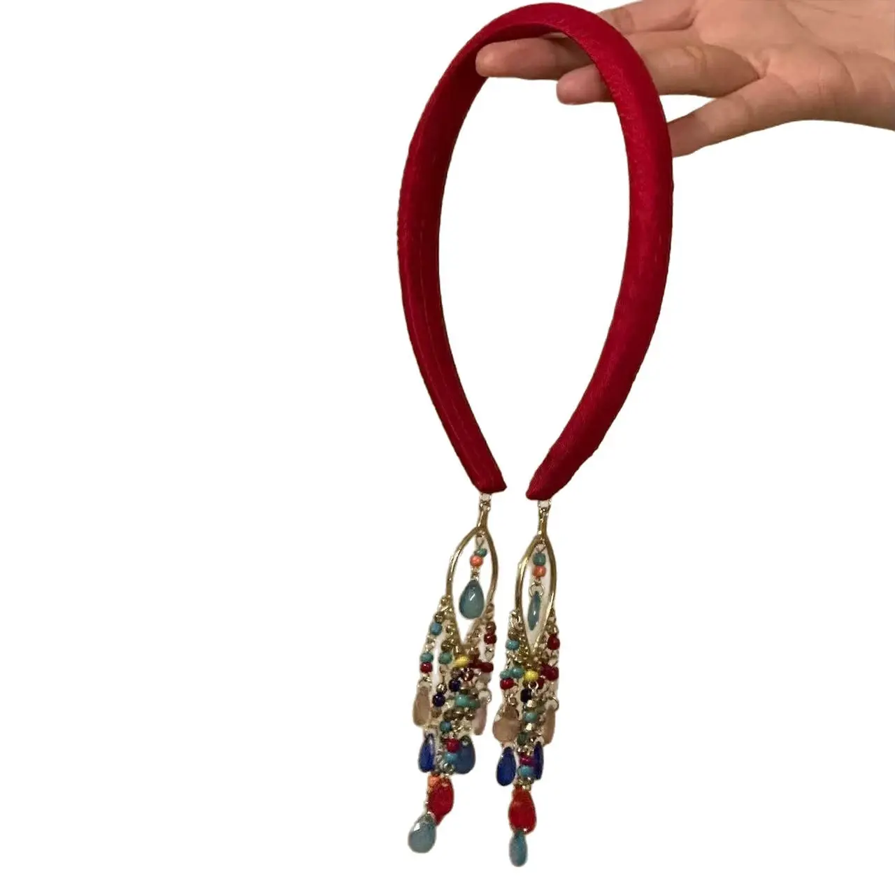 Bohemian Beaded Tassel Headband, Red Fabric Padded Hair Hoop with Multicolor Crystal Fringe Dangle, Ethnic Vintage Hair Accessories for Women Party Vacation Daily Wear