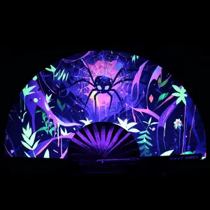 Arachnophobia UV-Reactive Hand Fan | Foldable Bamboo Ribs | Premium Polyester Fabric | Matching Holster | Rave Fan | Festival Fan Decor Light Lightweight Accessory Foldable Cooling Wooden