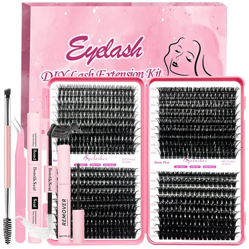 DIY Cosmetic Eyelash Extensions Kit for Adults & Friends Gift, 684pcs 60D/80D/100D Individual D Curl Lash Clusters, 72-Hour Hold Waterproof Bond, Seal, Remover, Tweezers, Brushes - Large Count, Blendable for Daily Use