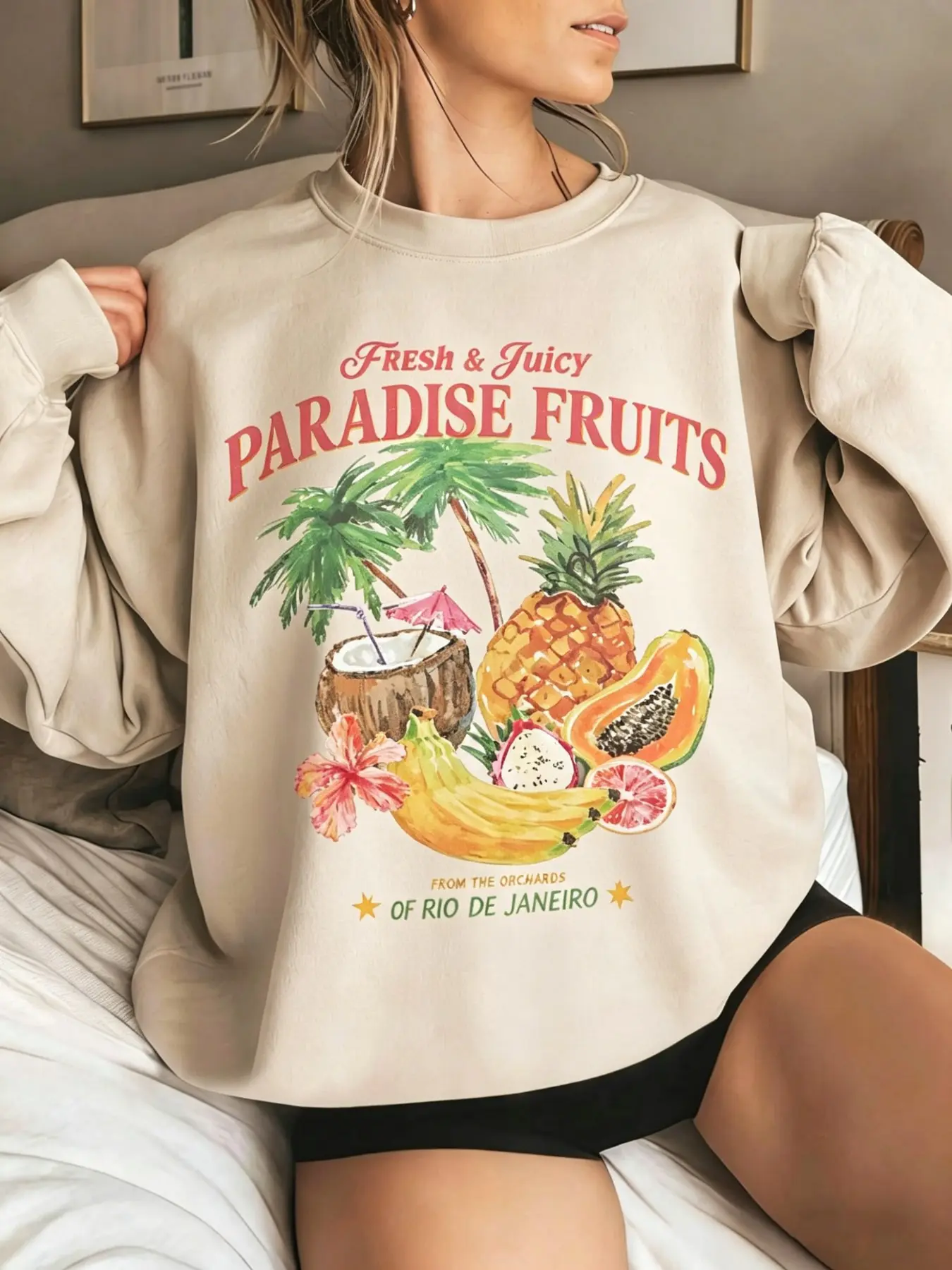 Neutral Vintage Rio Tropical Fruit Print Loose Sweatshirt, Fresh & Juicy Casual Beach Style Top, Short Sleeve Fitted Winter Wear