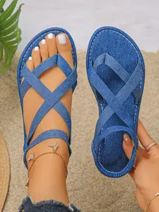 Women's Denim Cross-Weave Sandals, Casual Flat Sandals, Daily Wear Sandals, Cute Round Toe, Breathable Soft Sole, Anti-Slip, All Seasons, Summer, Perfect for Outdoor Activities