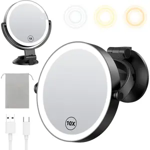 7" Wall Mounted Makeup Mirror with  Suction Cup, Double Sided 1X/10X Magnification, 3 Color Lights and Adjustable Brightness, 2000mAh Rechargeable , Shaving for Men - Black