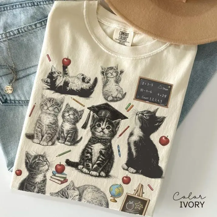 Retro Teacher Cat Kitten Shirt, Comfort Colors Tee, Cute Cat Elementary School Shirt, Teacher Team