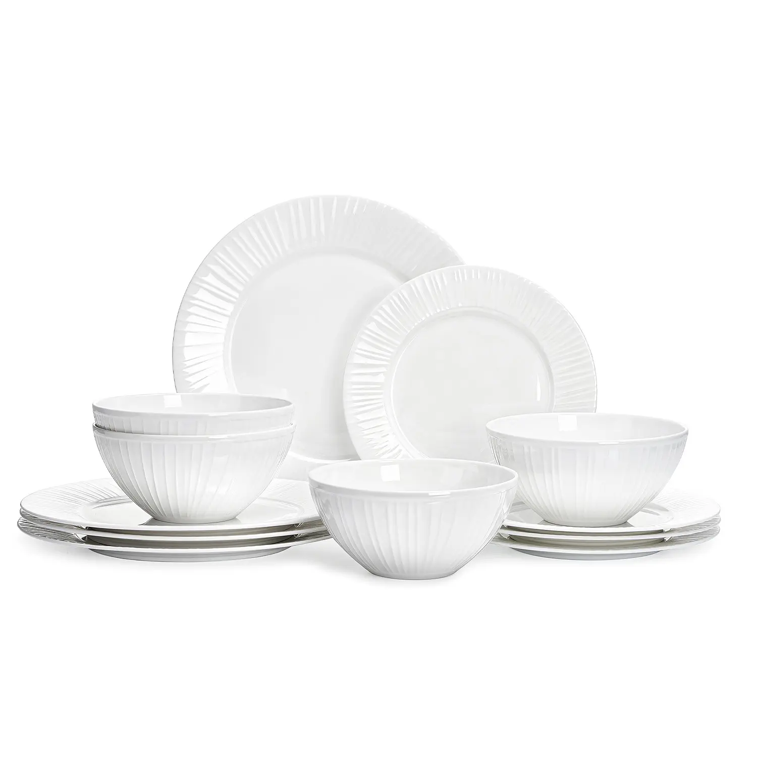 KINGSTONE 12-Piece Bone China Dinnerware Set, Textured Plates and Bowls for Everyday Dining, Lightweight Porcelain Dish Set, Microwave and Dishwasher Safe