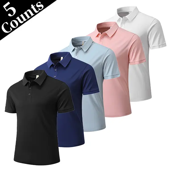 Men's 5-Pack Fitted Stitch-Detailed Short-Sleeve Polo Shirts, Breathable Solid-Fabric Button Tops, Navy & Pink Options, Office Business Casual Summer Wear for Pairing with Jeans or Leather Sneakers, Classic Style