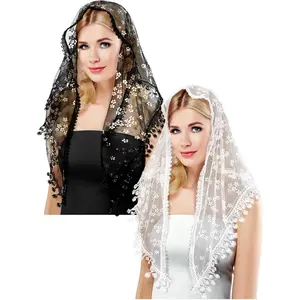 2 Pieces Floral Lace Veils Head Covering Latin Mass Mantilla Veils Short Scarf for Bridal Women