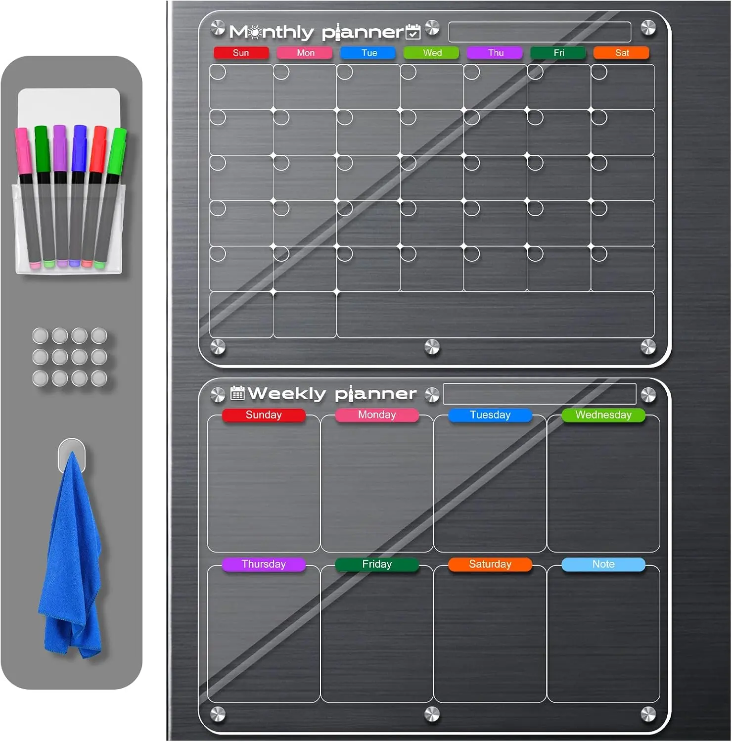 Steel Home Acrylic Magnetic Dry Erase Calendar Board for Fridge 2 Pack Clear Weekly & Monthly Calendar Planning Board Set for Refrigerator with 8 Markers Reusable Family Schedule Planner (11.8" × 15.7")