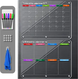 Steel Home Acrylic Magnetic Dry Erase Calendar Board for Fridge 2 Pack Clear Weekly & Monthly Calendar Planning Board Set for Refrigerator with 8 Markers Reusable Family Schedule Planner (11.8" × 15.7")