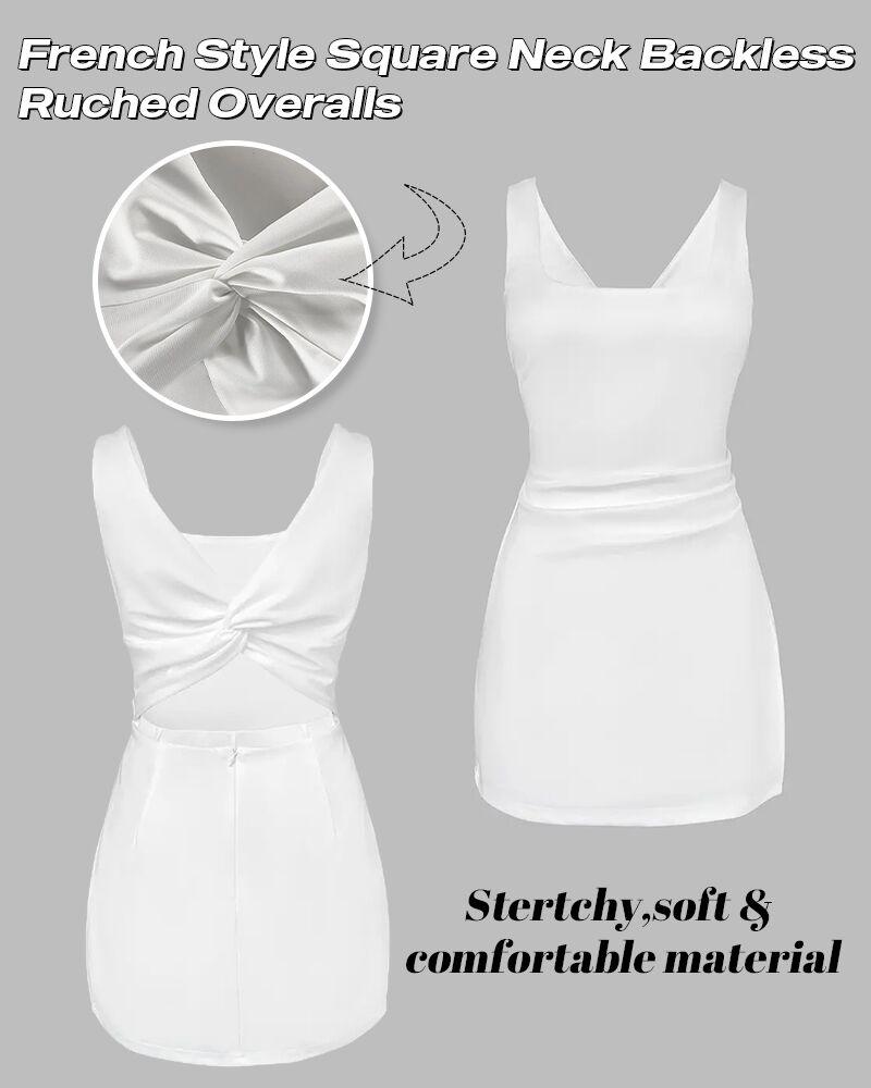 ChicMe Women's French Style Square Neck Skort Romper for Women - Backless Ruched Faux Two-Piece Mini Dress with Built-in Shorts - Elegant Twist Back Bodycon Jumpsuit for Party, Club and Vacation