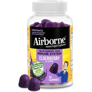 Airborne Elderberry + Zinc & Vitamin C Gummies For Adults, Immune Support Vitamin D & Zinc Gummies With Powerful Antioxidant Vitamins C D & E - 50 Gummies, Elderberry Flavor