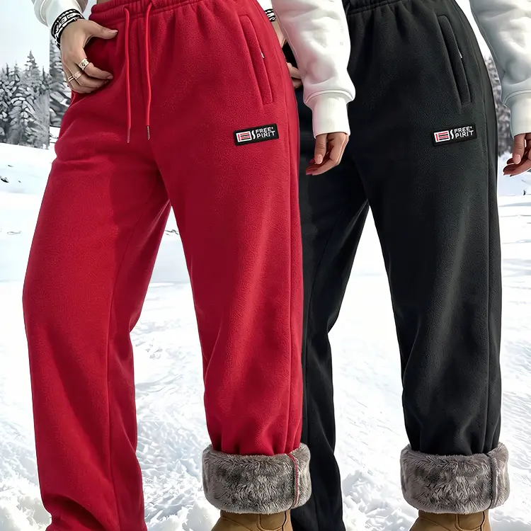 2 Pack Women Fleece Jogger Pants, Warm Polar Fleece Lined Sweatpants, Elastic Drawstring Waist Trousers with Pockets, Winter Casual Pants for Daily Wear & Outdoor