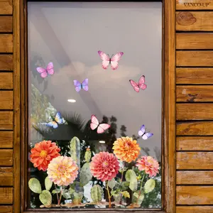 A (30*60cm) spring and summer cactus, flower and butterfly flat static sticker decorative window sticker for window display and home background beautification, D21728, Floral Pattern Sticker